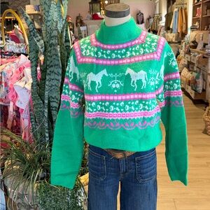 THML Green and Pink Horse Pattern Fair Isle Turtleneck Sweater